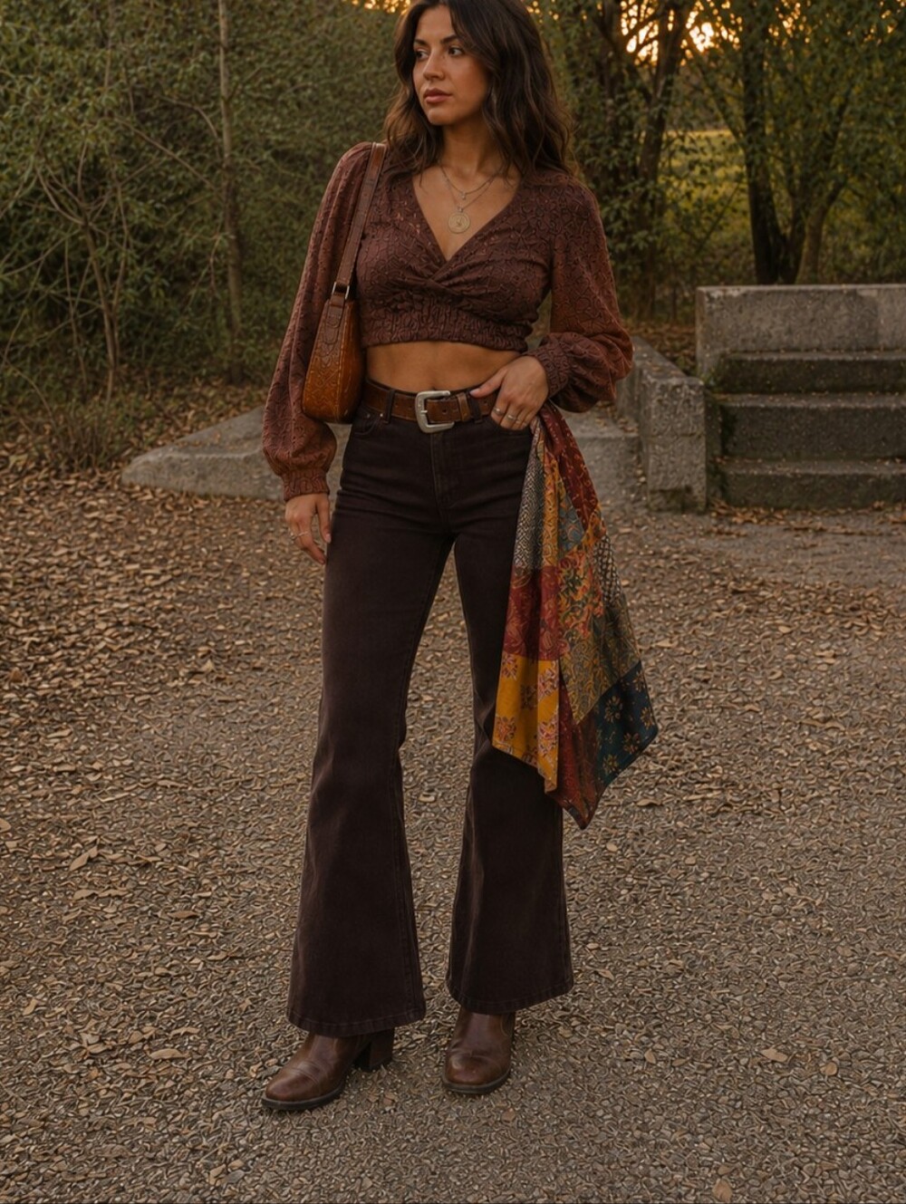 Earthbound Lace Brown Crop Top Balloon Sleeve Boho